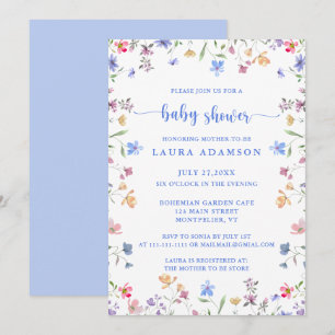 Colorful Watercolor Wildflowers Blue Baby Shower Invitation