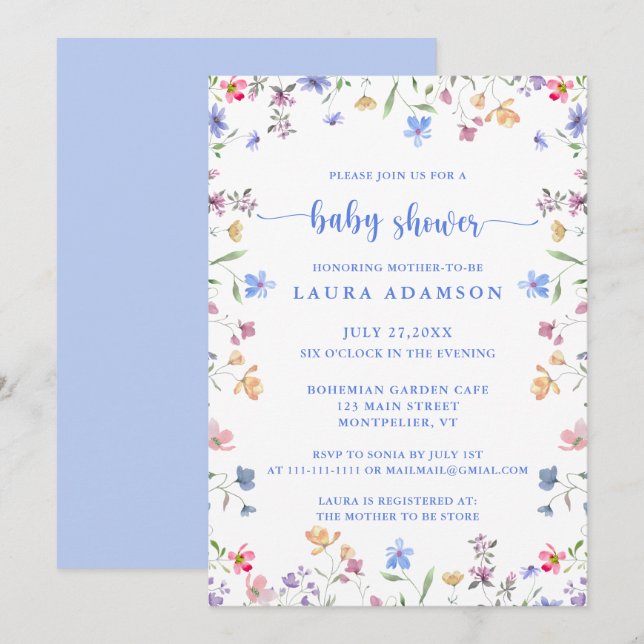 Colorful Watercolor Wildflowers Blue Baby Shower Invitation (Front/Back)