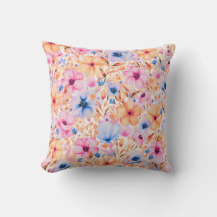 Colorful Watercolor Wildflowers Floral Pattern Cushion