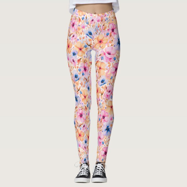 Colorful Watercolor Wildflowers Floral Pattern Leggings (Front)