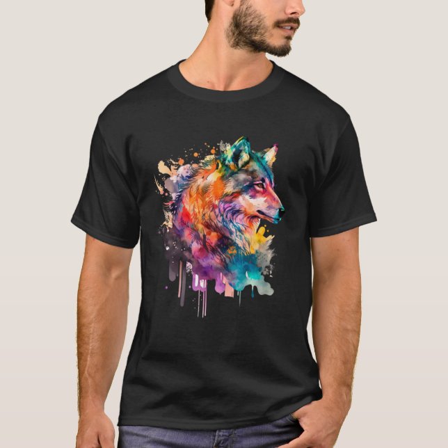 Colorful Watercolor Wolf Animal Graphic Wolf T-Shirt (Front)