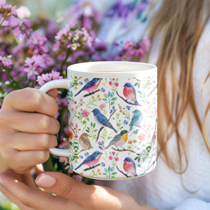 Colorful watercolors birds and flowers pattern coffee mug