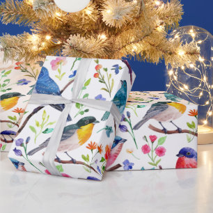 Colorful watercolors birds and flowers pattern wrapping paper