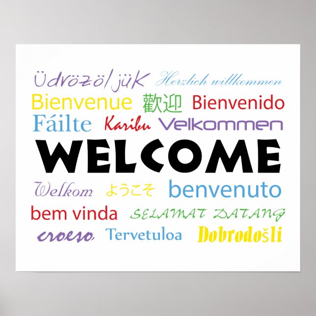 Colorful Welcome Many Languages Modern White Poster (Front)