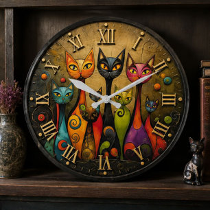 Colorful Whimsical Cats Large Clock