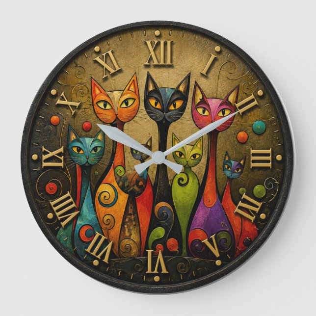 Colorful Whimsical Cats Large Clock (Front)