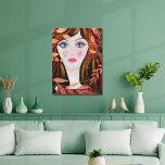 Colorful Whimsical Face Painting Lady Leaves Canvas Print<br><div class="desc">A bright and Colorful painting of a whimsical girl with large eyes,  and black hair with red and yellow highlights. Leaf,  star and heart motifs complete the picture.</div>