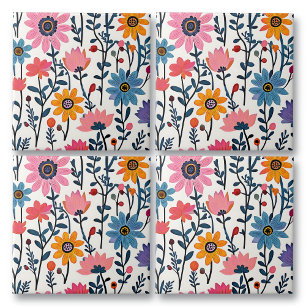 Colorful Whimsical Folk Art Floral Tile