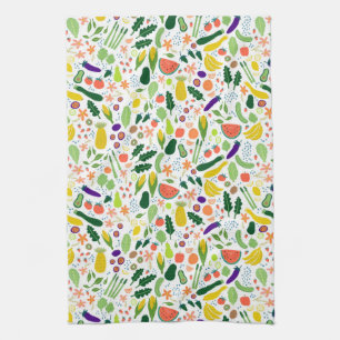 Colorful Whimsical Fruits Veggies Pattern Tea Towel
