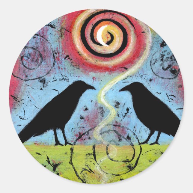Colorful, whimsical two ravens sitting sticker (Front)