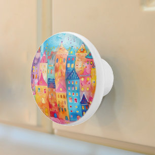 Colorful Whimsical Watercolor Townscape Ceramic Knob