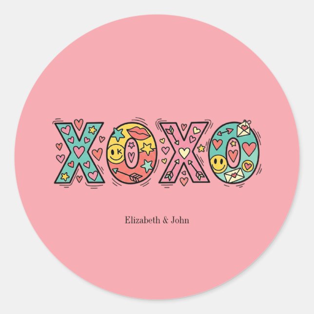 Colorful Whimsical "XOXO" Valentine's Day   Classic Round Sticker (Front)