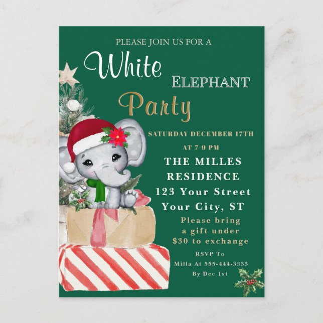 Colorful White Elephant Christmas Holiday Party  Postcard (Front)