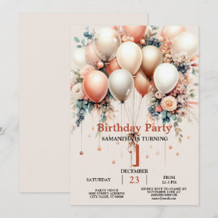 Colorful White Peach Floral Balloon Birthday Party Invitation