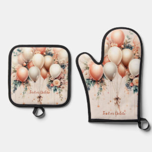 Colorful White Peach Floral Balloons Elegant Party Oven Mitt & Pot Holder Set