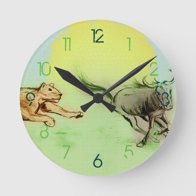 Colorful Wild Animals Chase Drawing, Round Clock (Front)