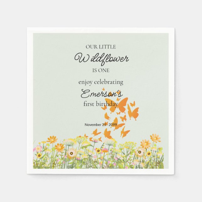 Colorful Wildflower Butterfly 1st Birthday Napkin (Front)