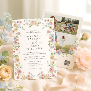 Colorful Wildflower Floral Photo QR Code Wedding Invitation