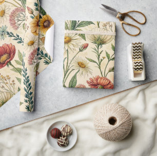 Colorful Wildflower Meadow Vintage Illustration Wrapping Paper