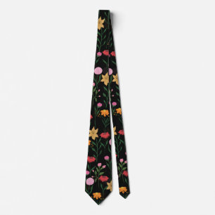 Colorful Wildflower Watercolor Black Design Tie