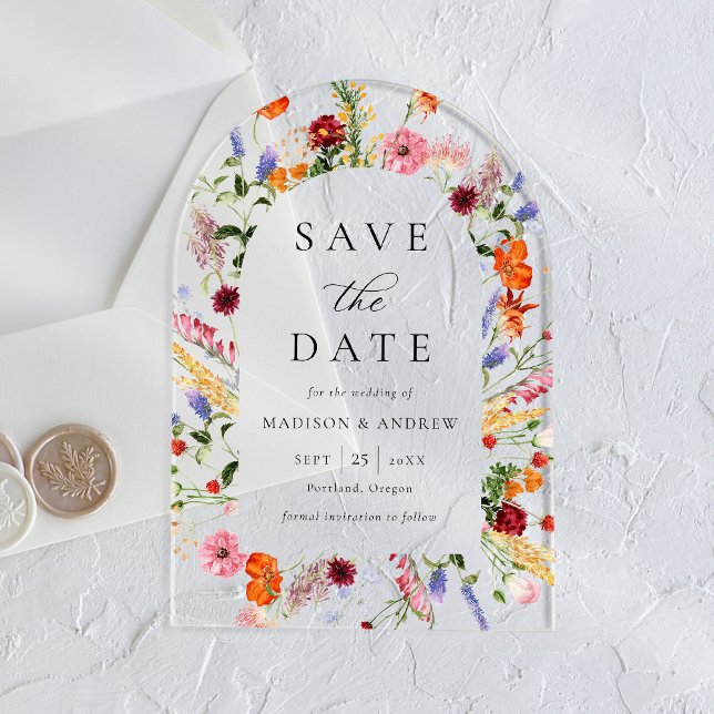 Colorful Wildflowers Arch Wedding Save the Date Acrylic Invitations (Creator Uploaded)