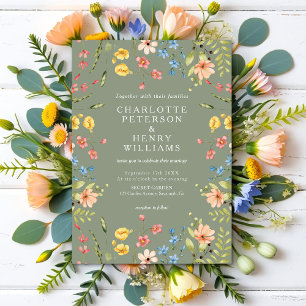 Colorful Wildflowers Sage Green Garden Wedding Invitation