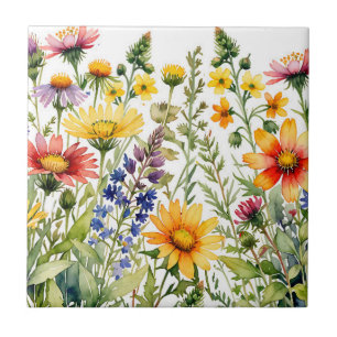 Colorful wildflowers watercolor painting tile