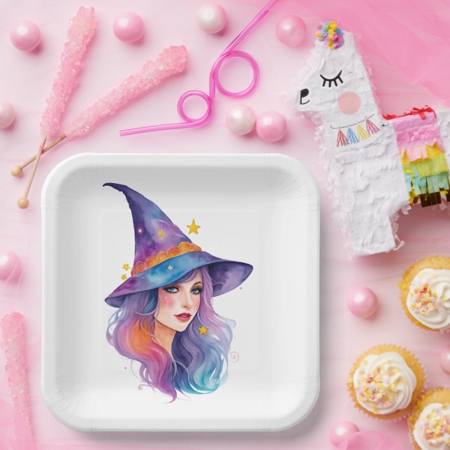 Colorful Witch Drawing Halloween Paper Plate (Party)