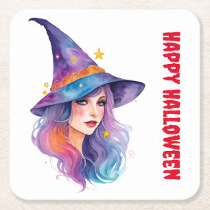 Colorful Witch Drawing Halloween Square Paper Coaster