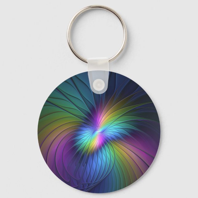 Colorful With Blue Modern Abstract Fractal Art Key Ring (Front)