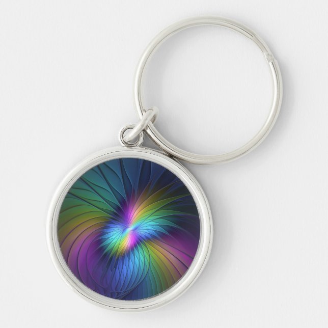 Colorful With Blue Modern Abstract Fractal Art Key Ring (Front)