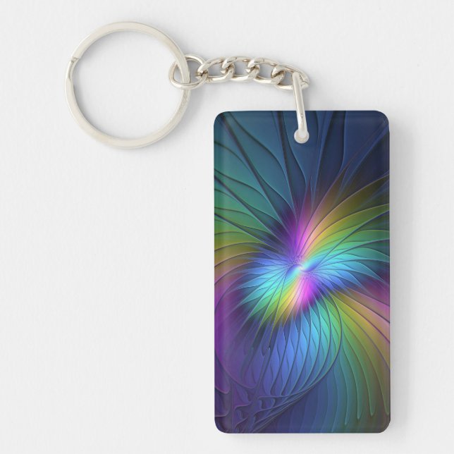 Colorful With Blue Modern Abstract Fractal Art Key Ring (Front)