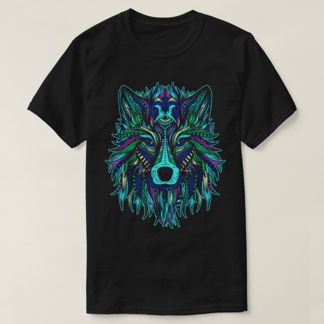 Colorful Wolf Head Tee Trendy Tribal Art (Design Front)
