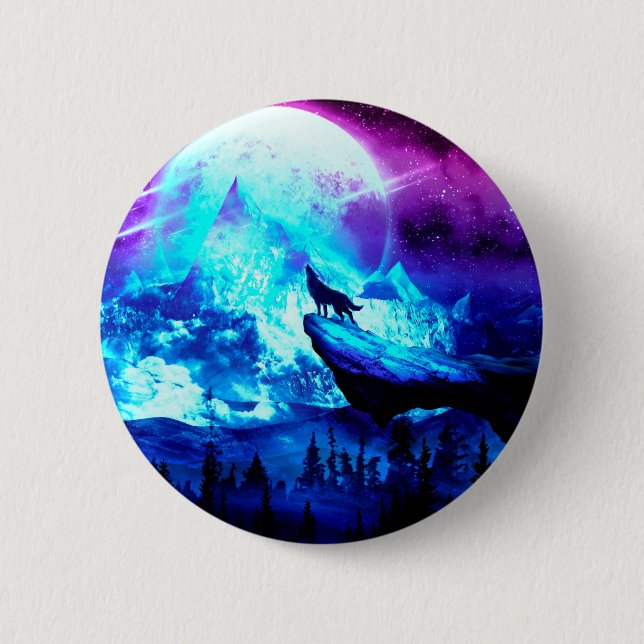 Colorful wolf howling 6 cm round badge (Front)