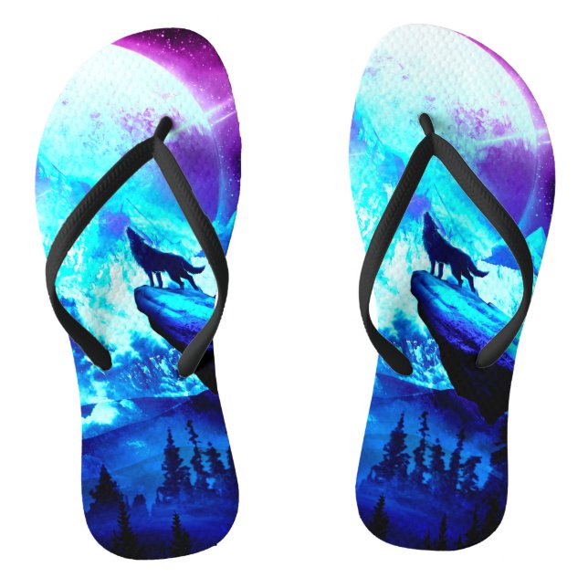 Colorful wolf howling flip flops (Footbed)