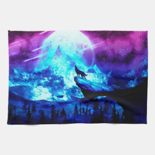 Colorful wolf howling tea towel