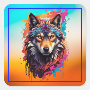 Colorful Wolf Portrait Abstract Animal Art-87694 Square Sticker
