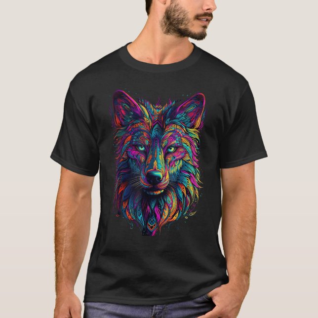 Colorful Wolf Psychedelic Trippy Hippie Men Women  T-Shirt (Front)