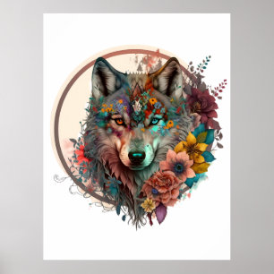 Colorful Wolf With Flowers Poster