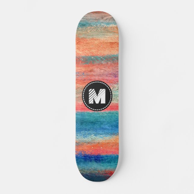 Colorful Wood Grain Texture Monogram #2 Skateboard (Front)