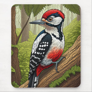 Colorful Woodpecker in Forest Mouse Mat