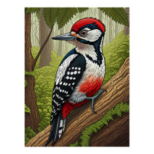 Colorful Woodpecker in Forest Poster