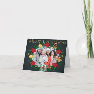 Colorful Wreath Frame Golden Merry Christmas Photo Holiday Card