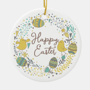 Colorful Wreath of Joyful Chicks Eggs and Greeting Ceramic Tree Decoration