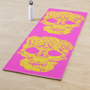 Colorful yellow and pink crochet skull yoga mat