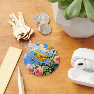 Colorful yellow bird and pretty pink roses key ring
