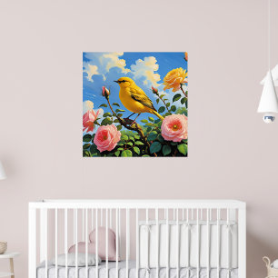 Colorful yellow bird and pretty pink roses poster