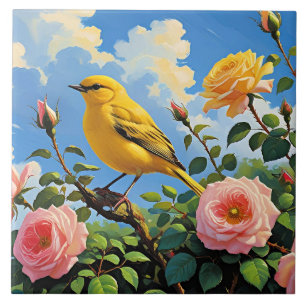 Colorful yellow bird and pretty pink roses tile