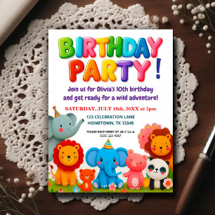 Colorful Zoo Animals Birthday Party Invitation Postcard