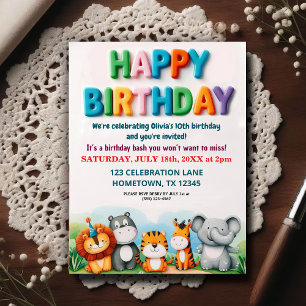Colorful Zoo Animals Birthday Party Invitation Postcard